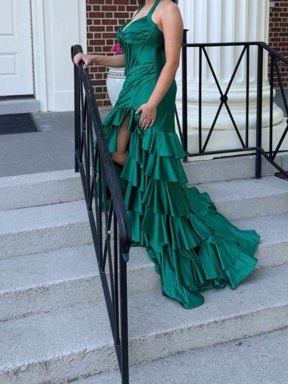 Sherri Hill Emerald Green Halter Ruffled Prom Gown